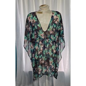 HM Womens Floral Kaftan Cover Up Small Blue Green Tropical Sheer V-Neck Swimwear